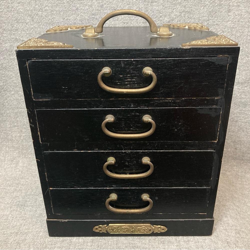 Vintage Japanese Tansu Jewelry Chest Box 4 Lined Drawers Antique Brass Hardware
